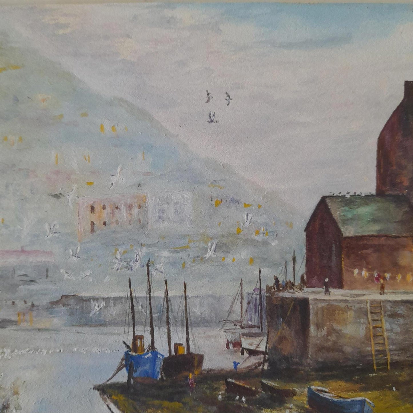 An original painting of a coastal harbor scene by the artist A F Akehurst.