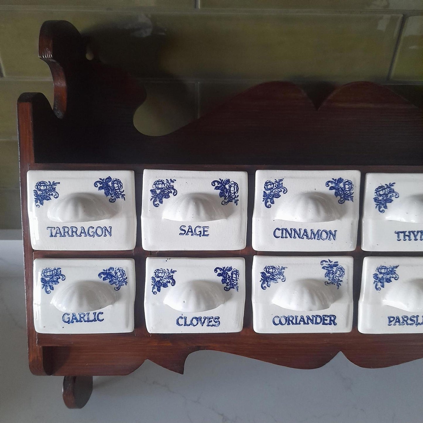 Vintage wooden spice rack with 12 ceramic drawers
