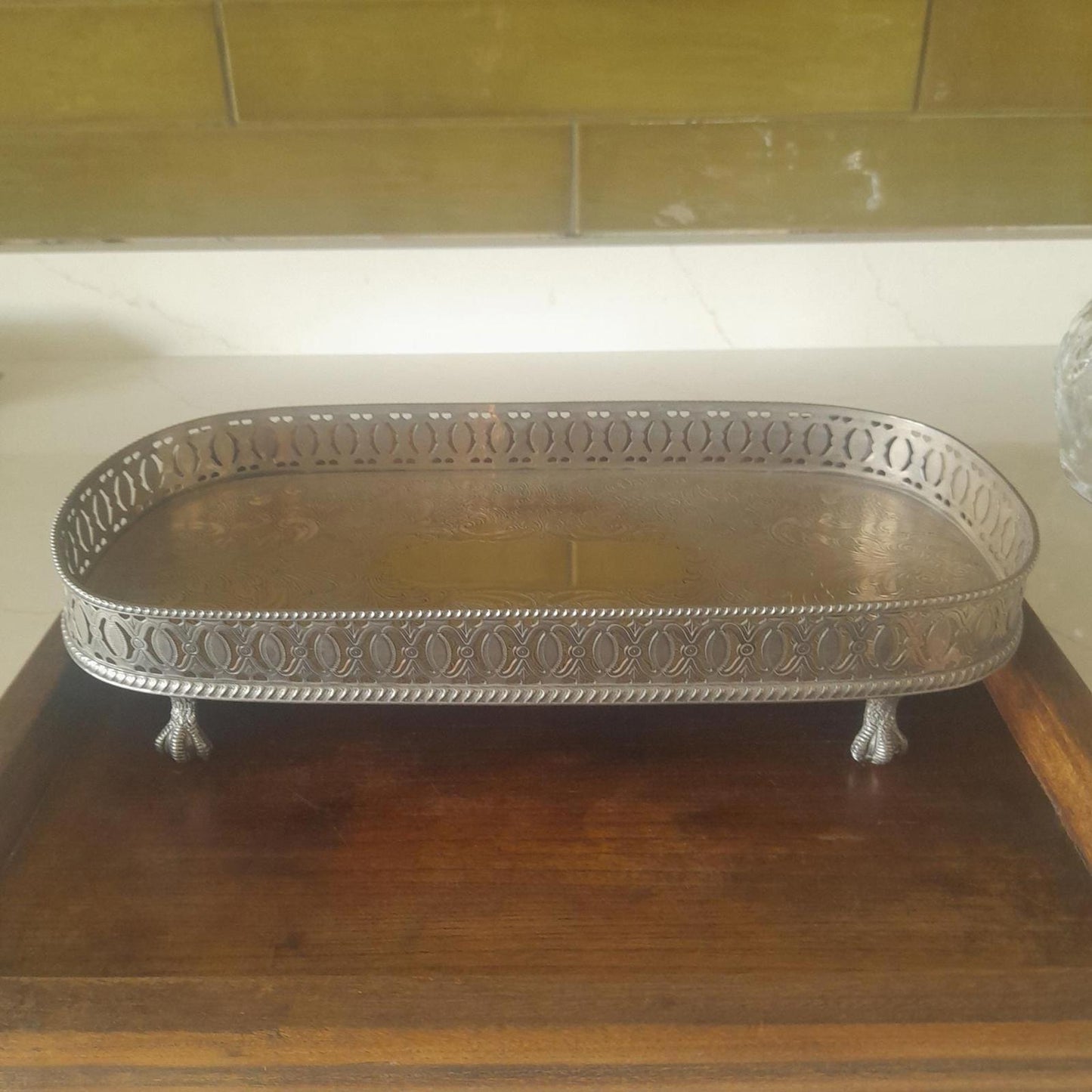 Royal Doulton decanter, longchamp glasses & a silver plated tray.