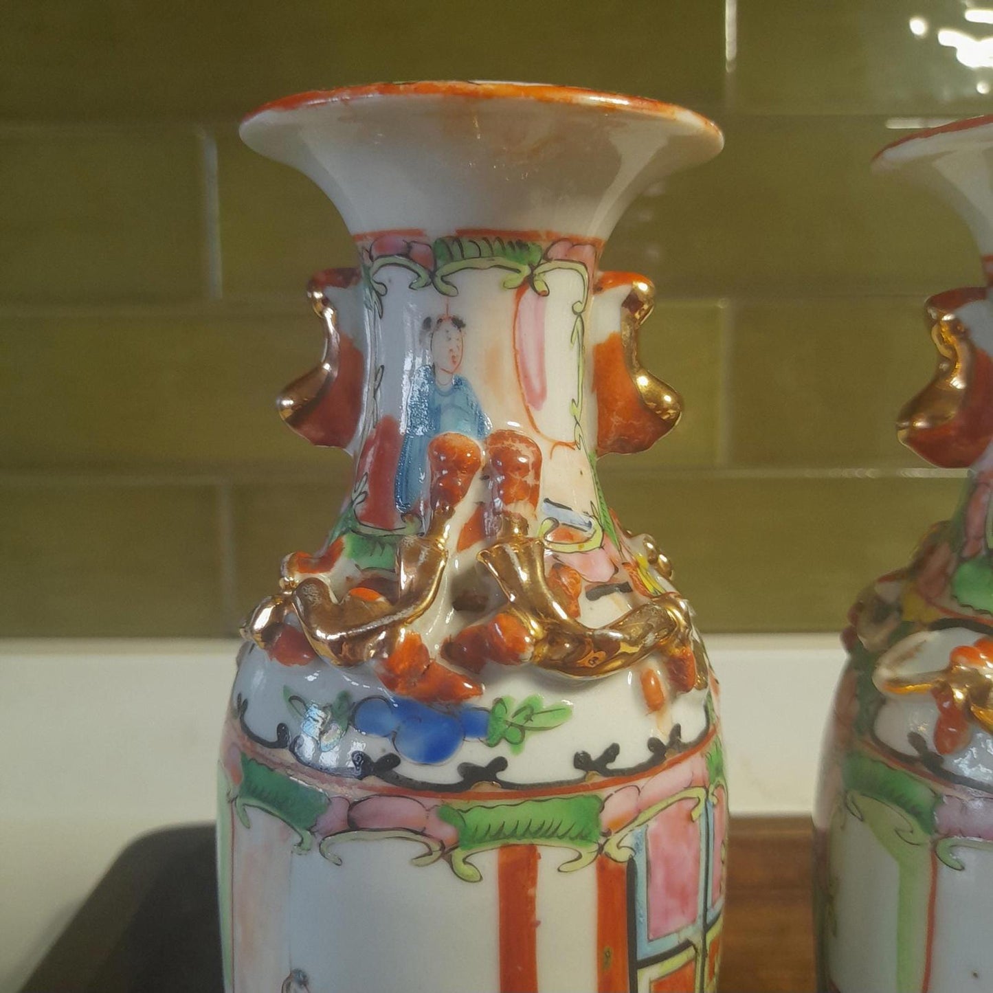 Chinese Famille Rose pair of vases - 20cm tall