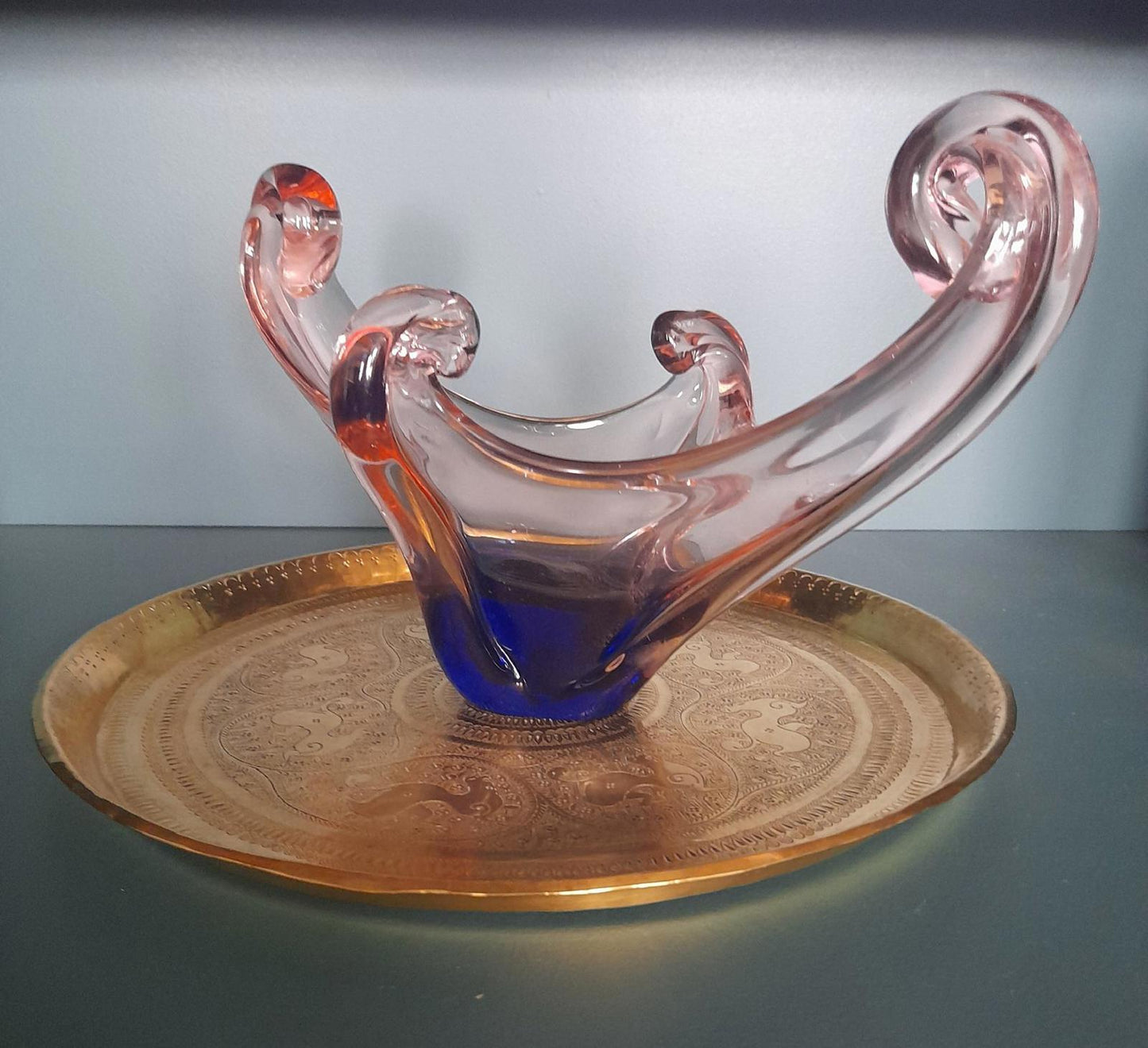 Vintage Blue & pink venetian style glass sculpture bowl possibly Murano