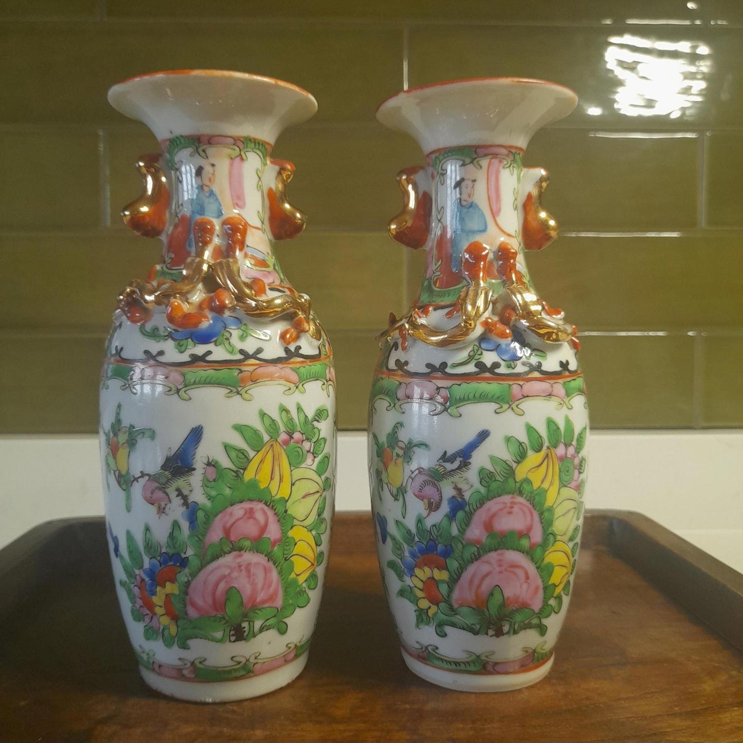 Chinese Famille Rose pair of vases - 20cm tall