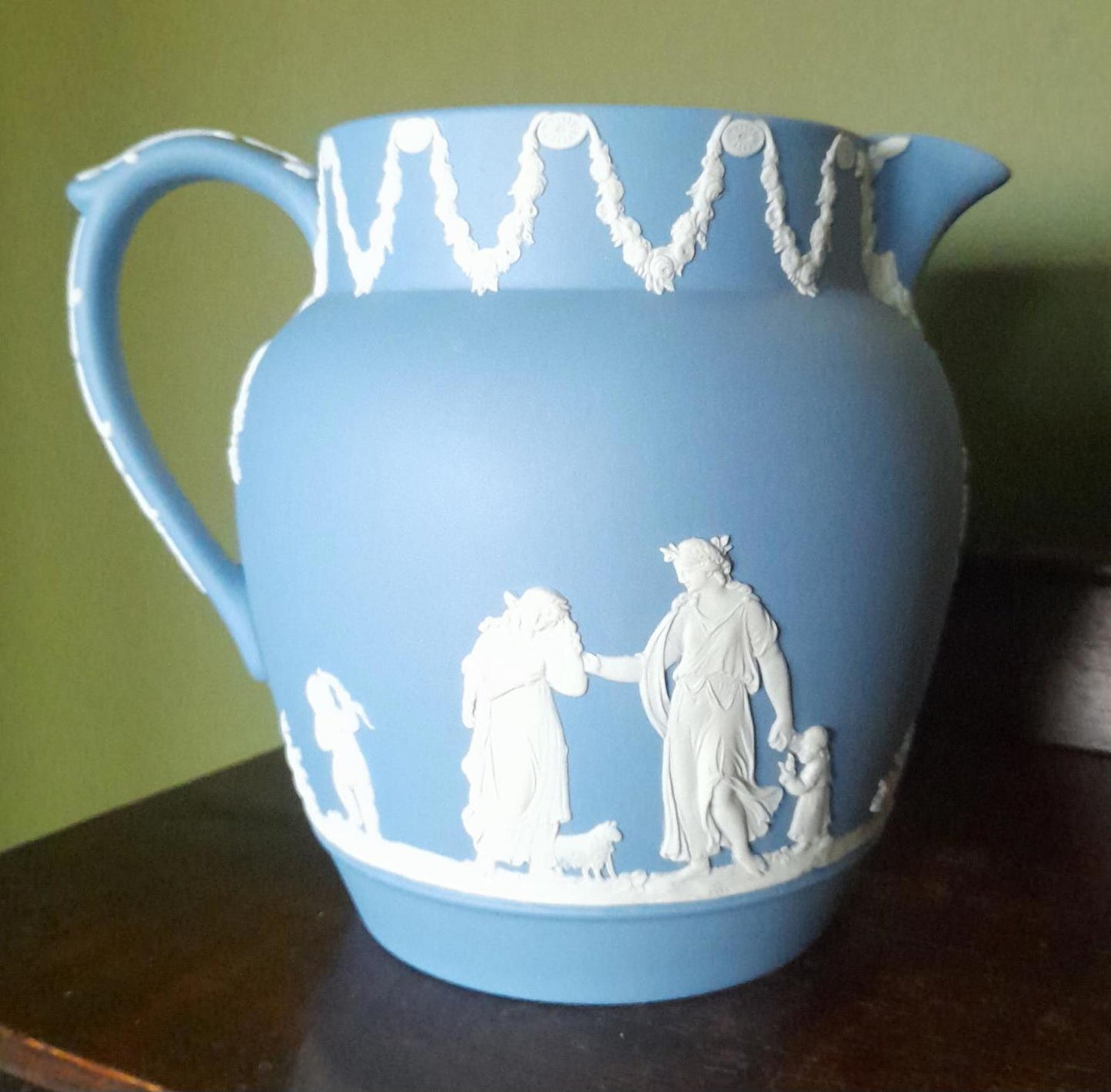 Wedgewood Jasperware blue jug 5" tall