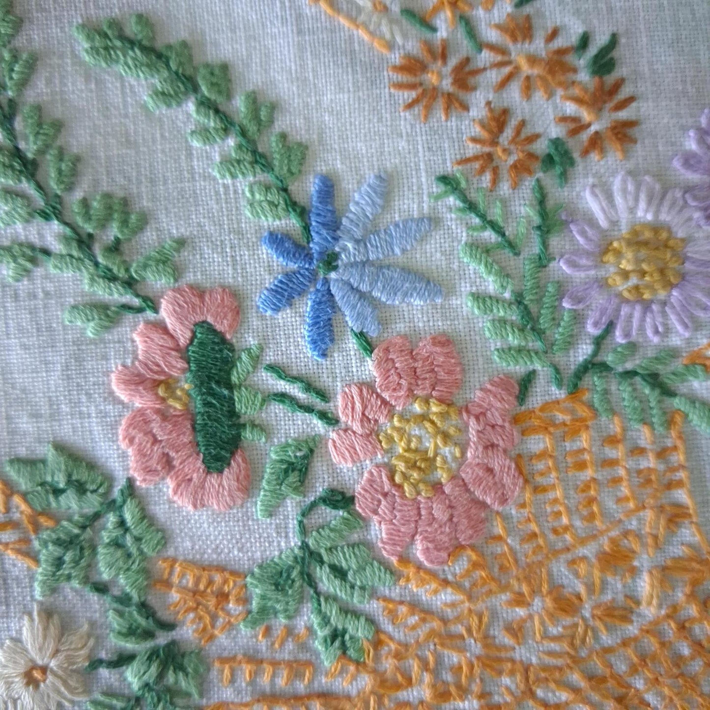 Beautiful vintage embroidered 1 metre square linen tablecloth