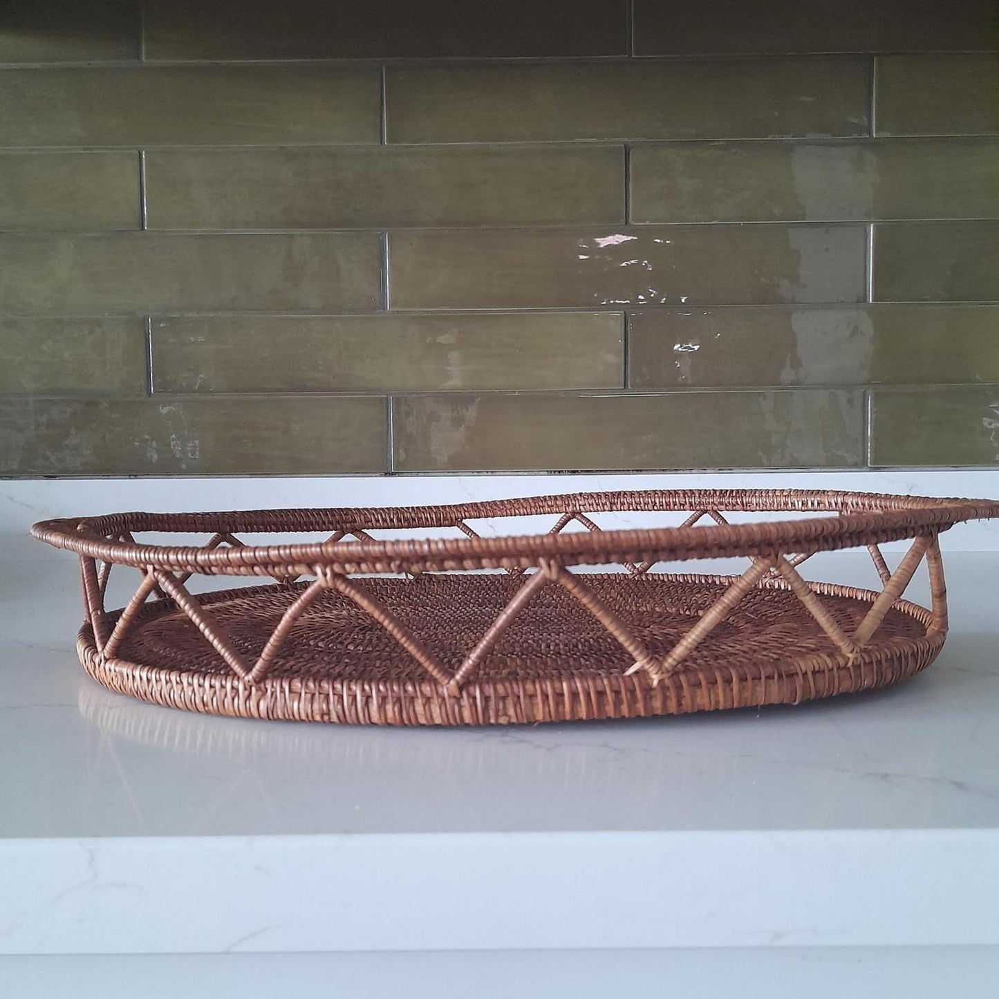 Hand woven wicker oval tray with handles