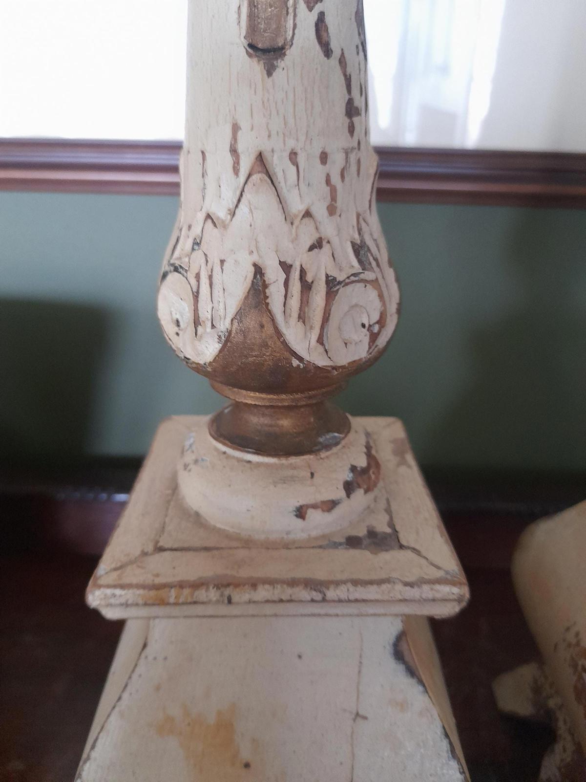 A pair of antique Swedish painted handmade wooden candlesticks c 1870