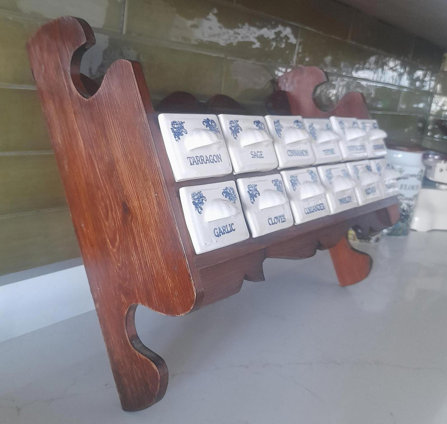 Vintage wooden spice rack with 12 ceramic drawers