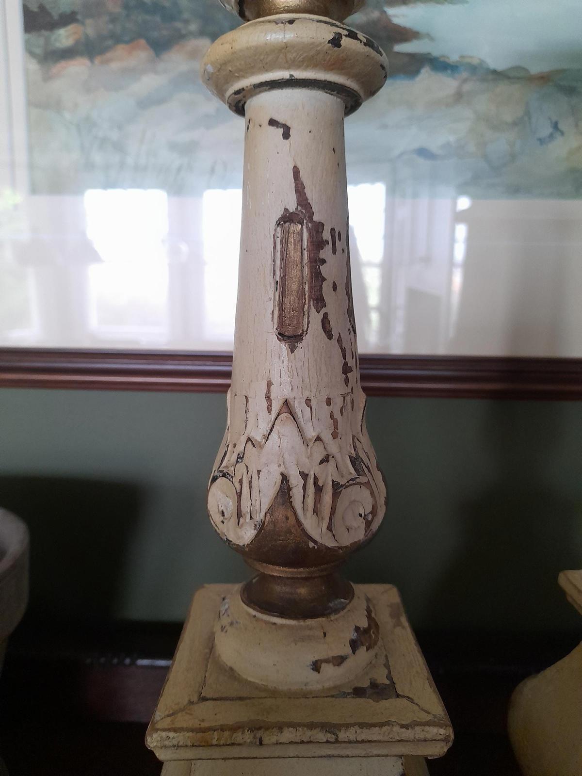 A pair of antique Swedish painted handmade wooden candlesticks c 1870