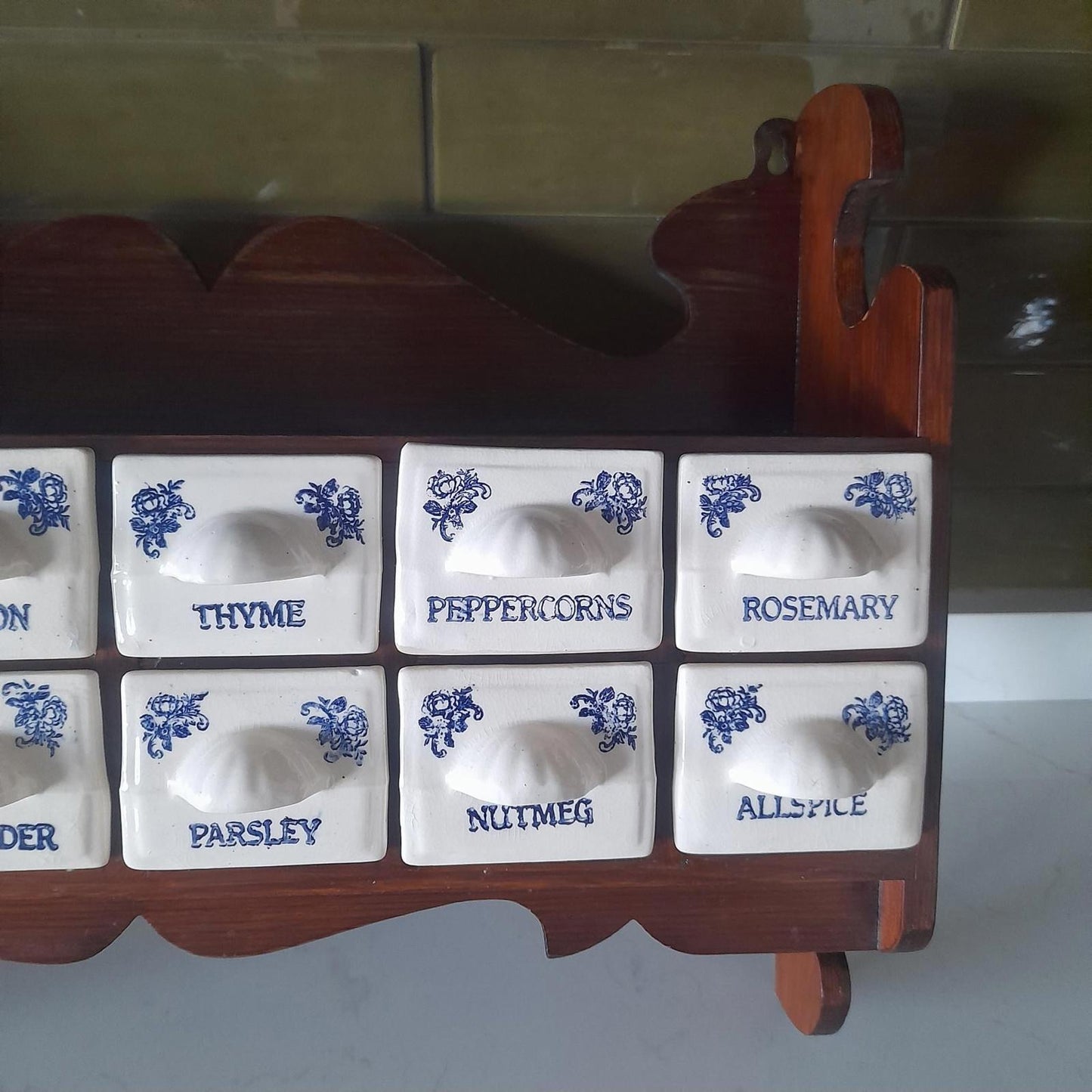 Vintage wooden spice rack with 12 ceramic drawers