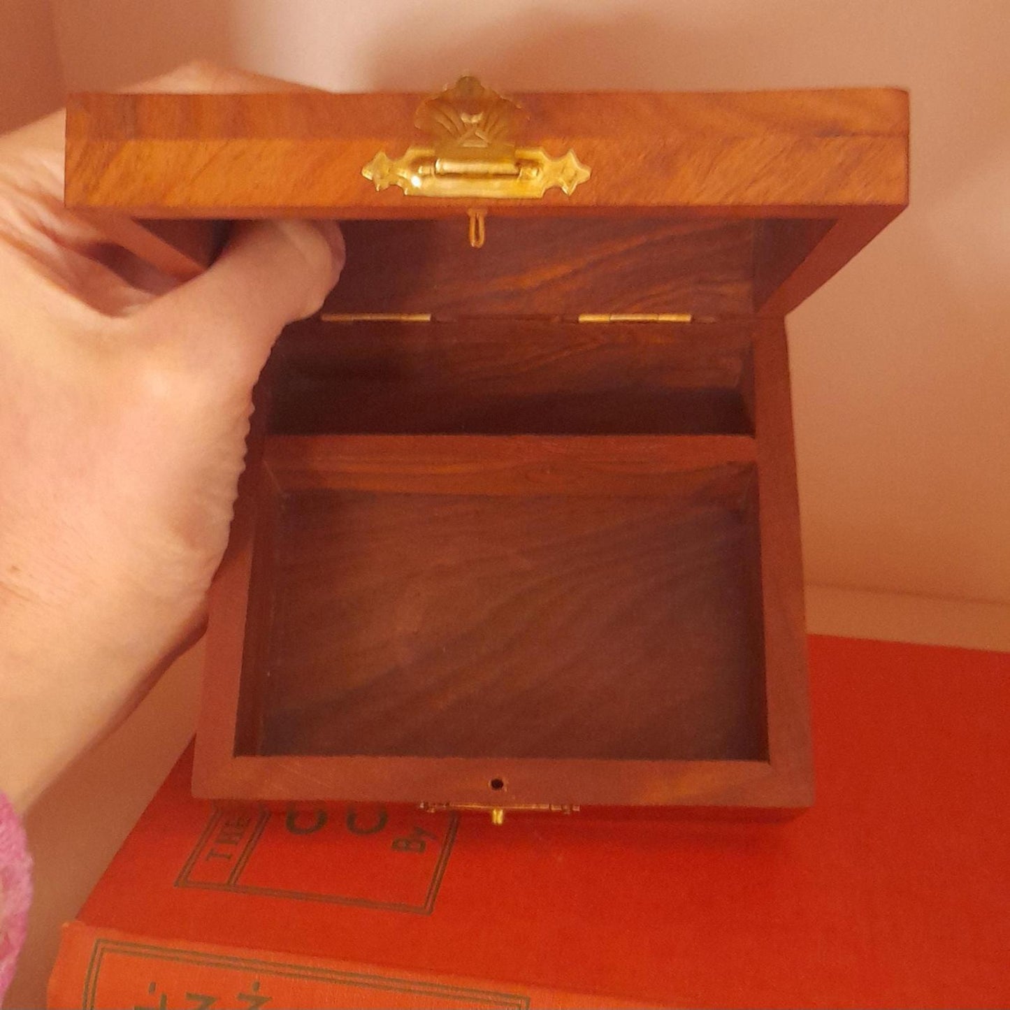 Wooden playing card and dice box with brass inlay