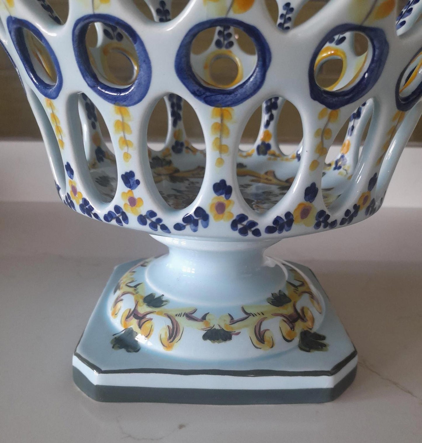 Portuguese ceramic fruit bowl on a pedestal base