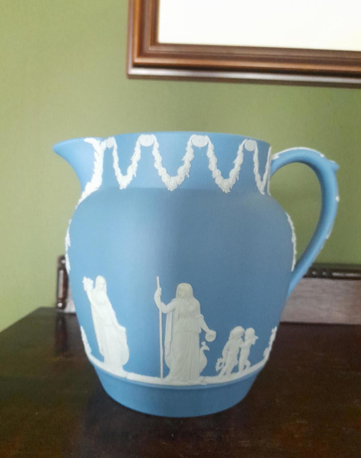 Wedgewood Jasperware blue jug 5" tall