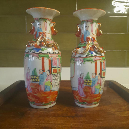 Chinese Famille Rose pair of vases - 20cm tall