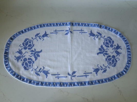 Oval blue and white cross stitch centrepiece cloth 65cm x 34.5cm