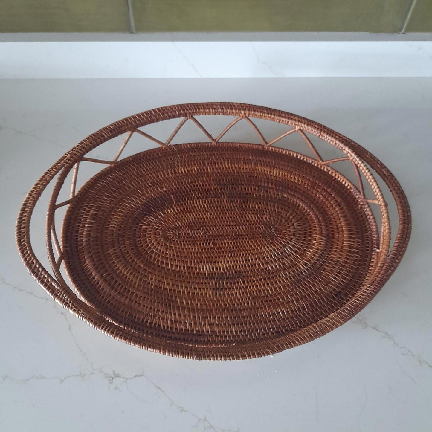 Hand woven wicker oval tray with handles