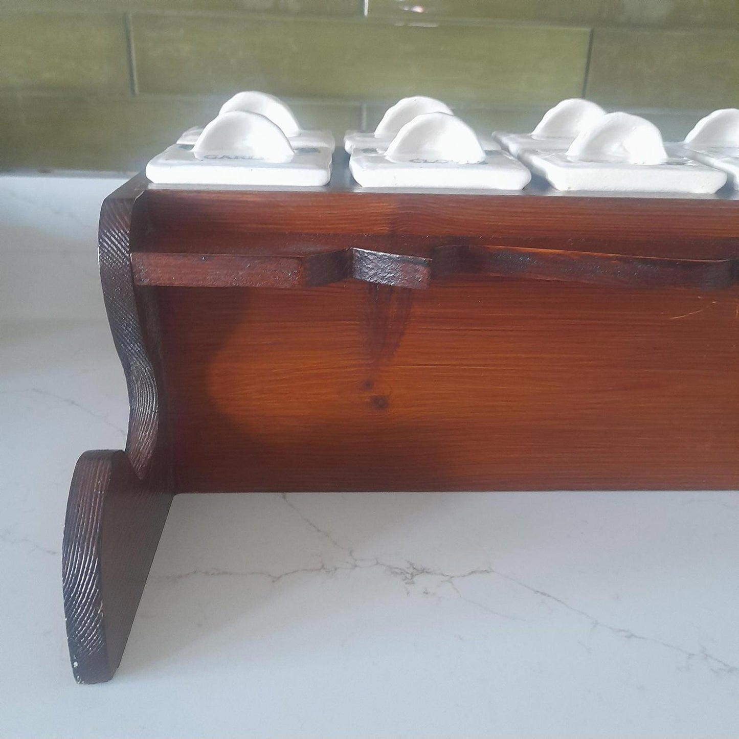 Vintage wooden spice rack with 12 ceramic drawers