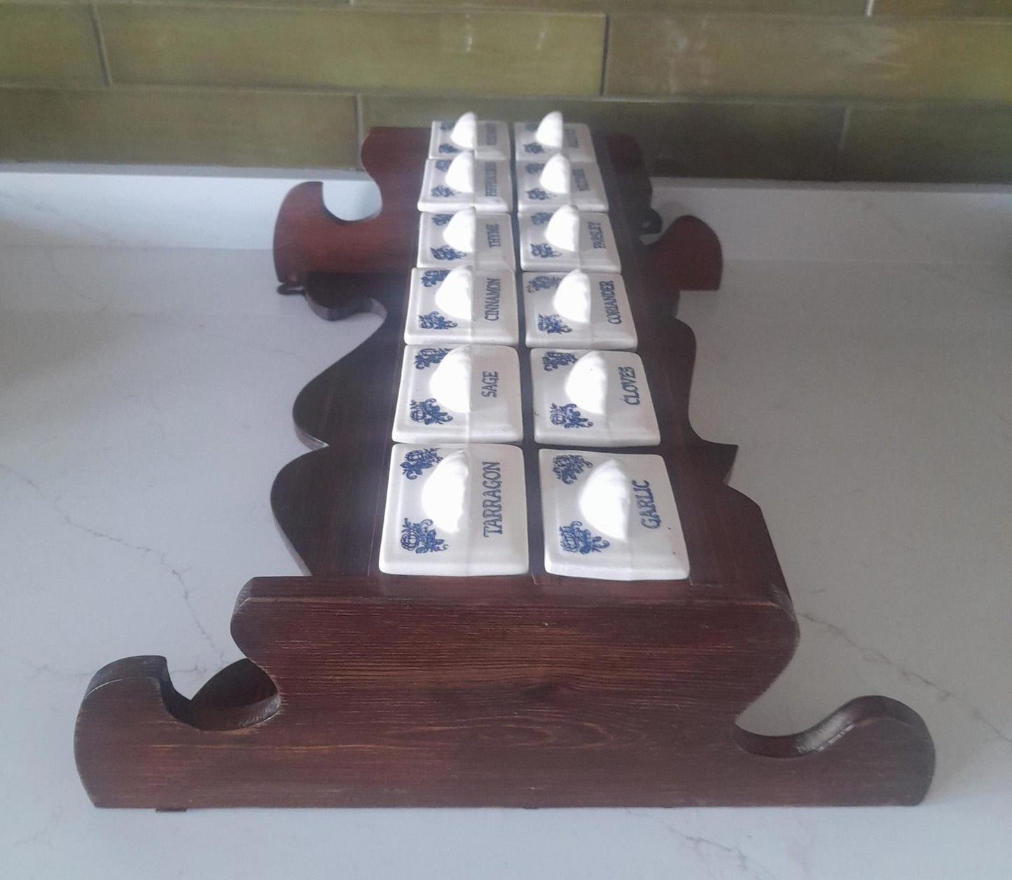Vintage wooden spice rack with 12 ceramic drawers