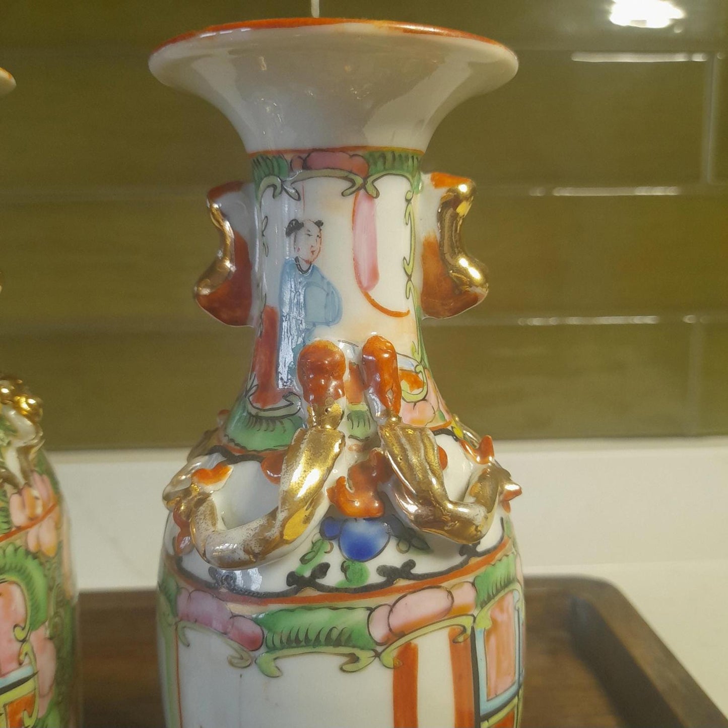 Chinese Famille Rose pair of vases - 20cm tall