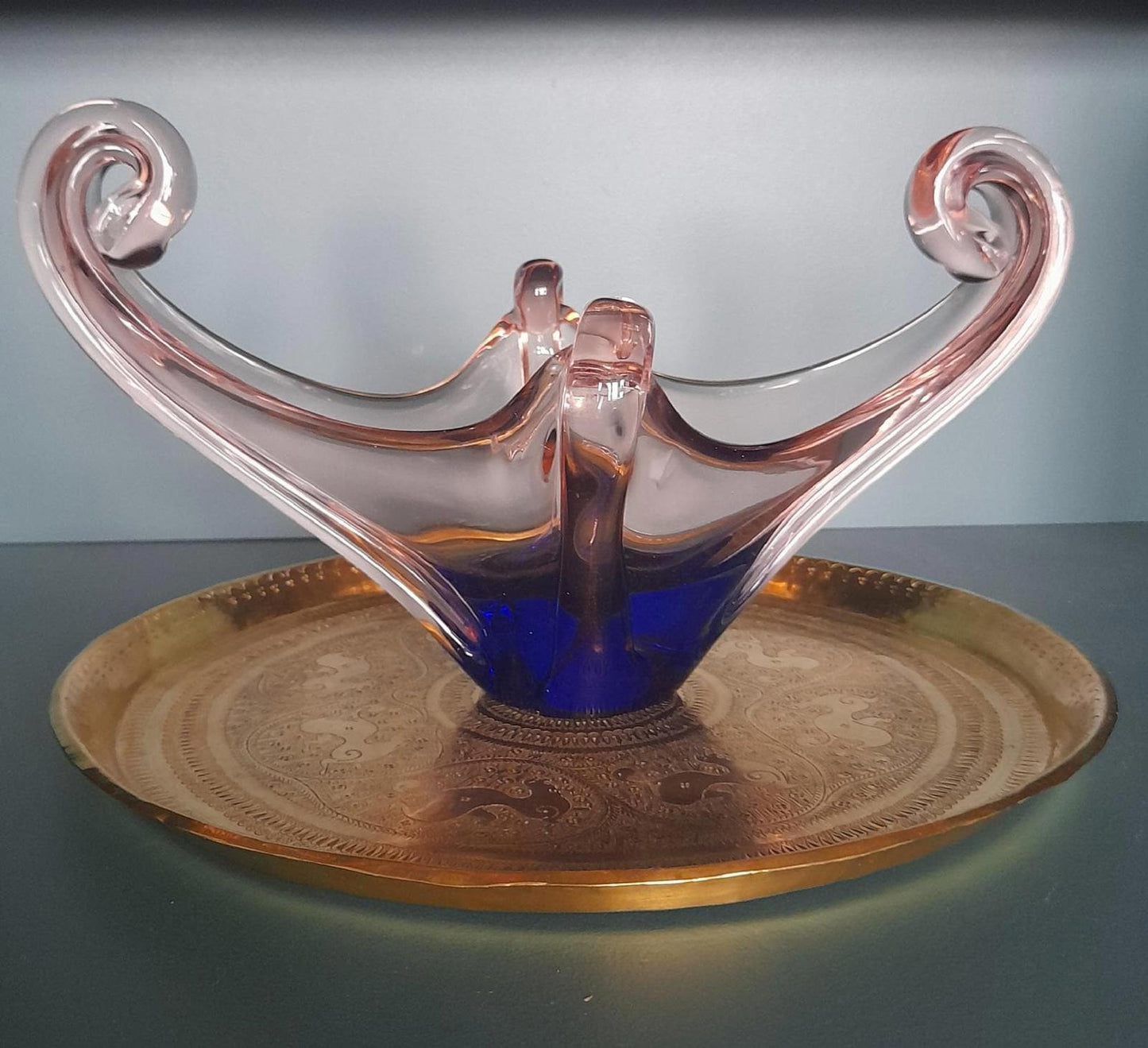 Vintage Blue & pink venetian style glass sculpture bowl possibly Murano