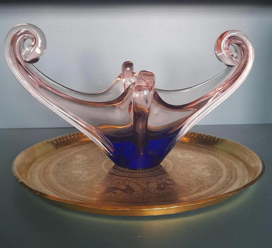 Vintage Blue & pink venetian style glass sculpture bowl possibly Murano