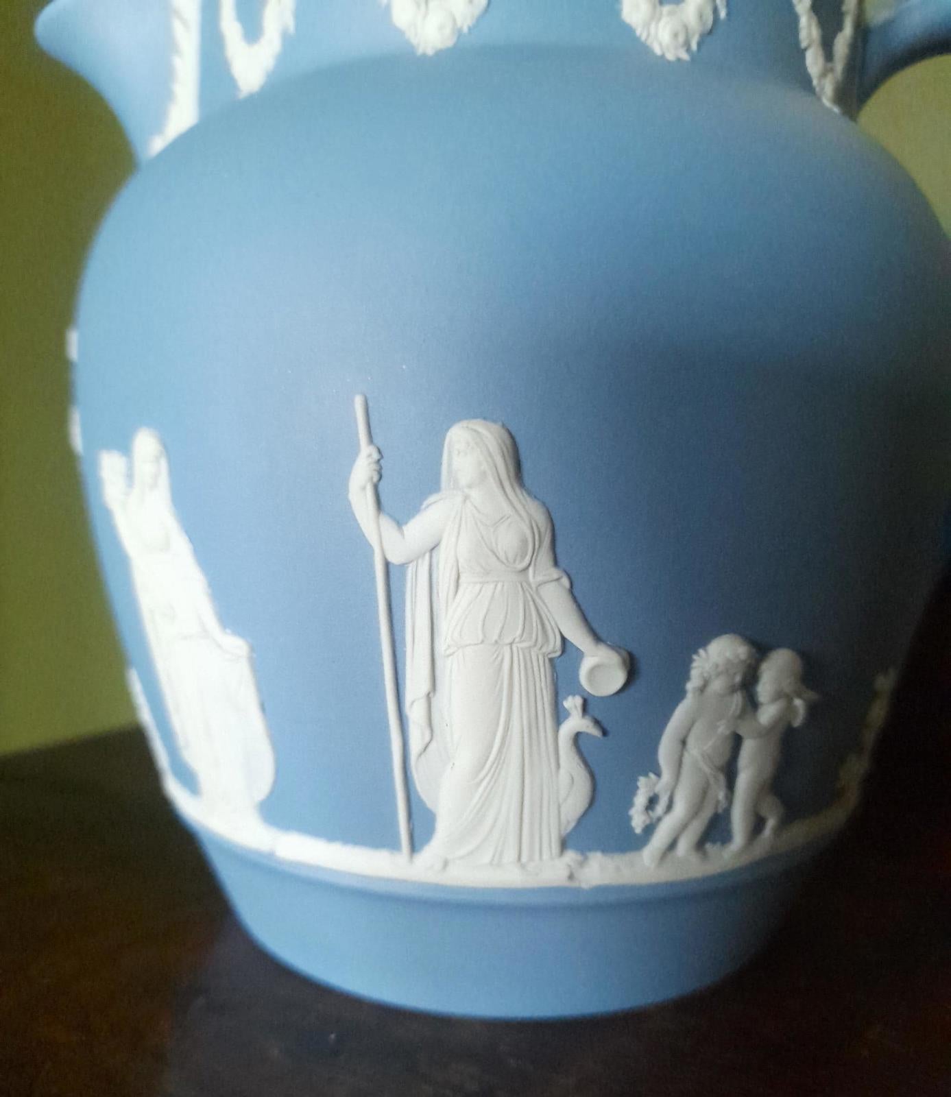 Wedgewood Jasperware blue jug 5" tall