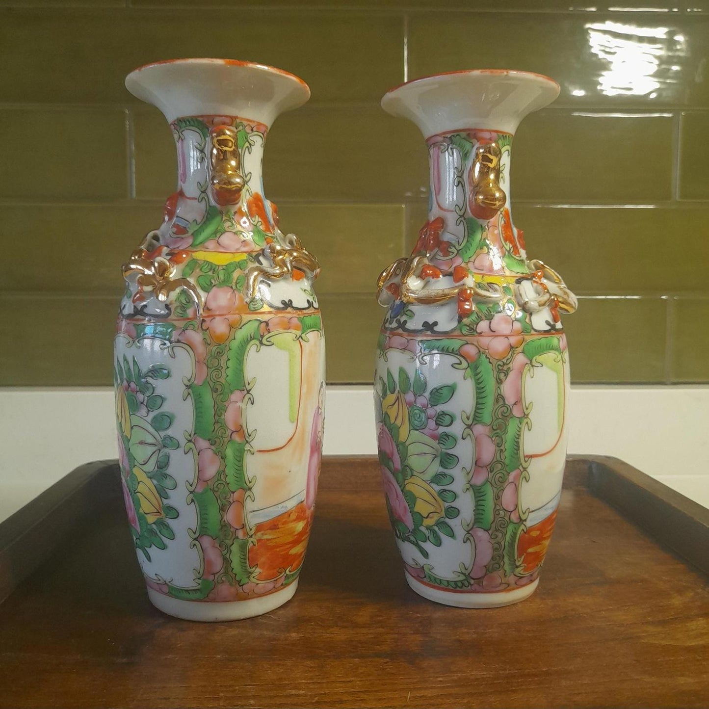 Chinese Famille Rose pair of vases - 20cm tall