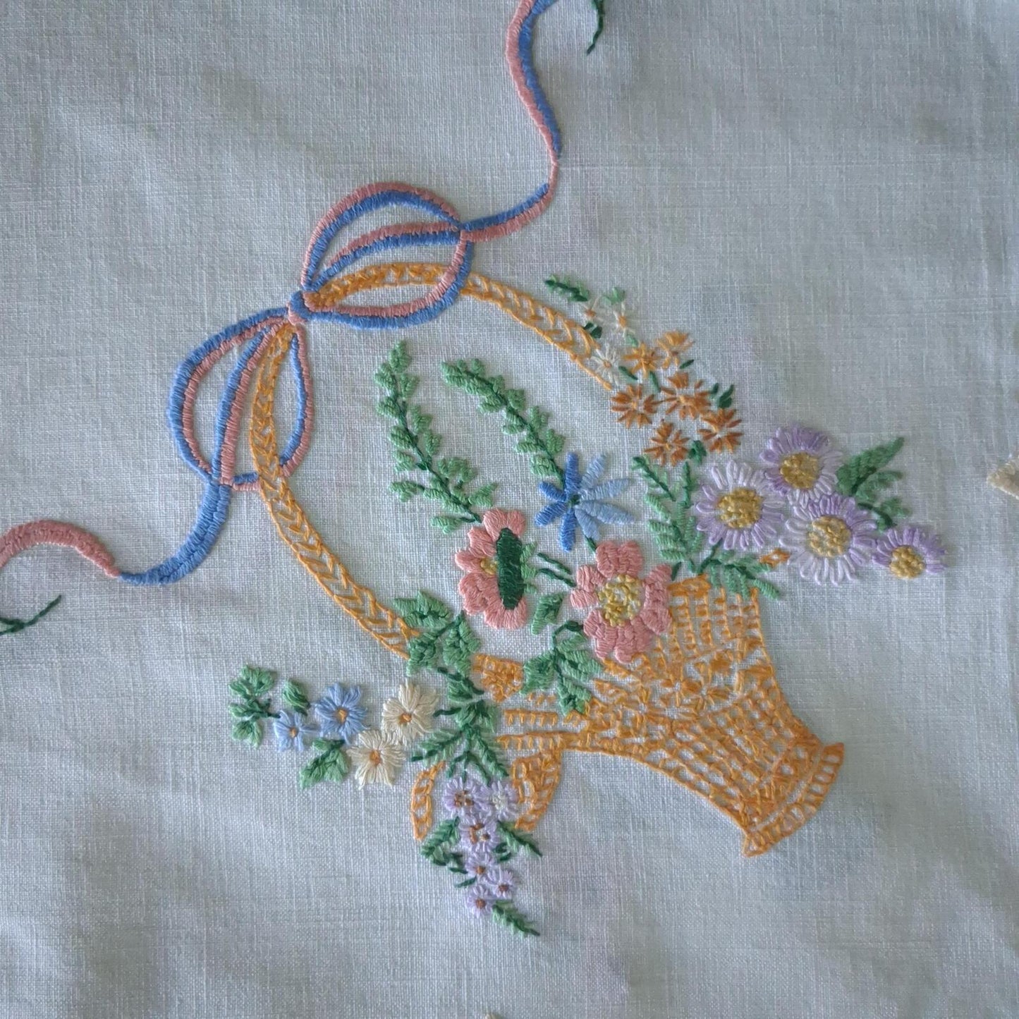Beautiful vintage embroidered 1 metre square linen tablecloth