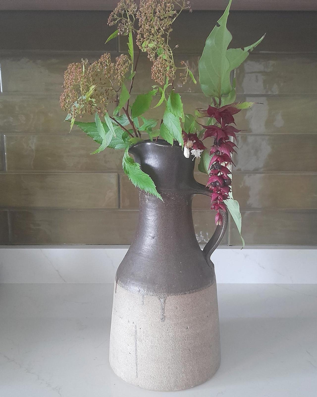 Large two-tone stoneware vase jug with handle