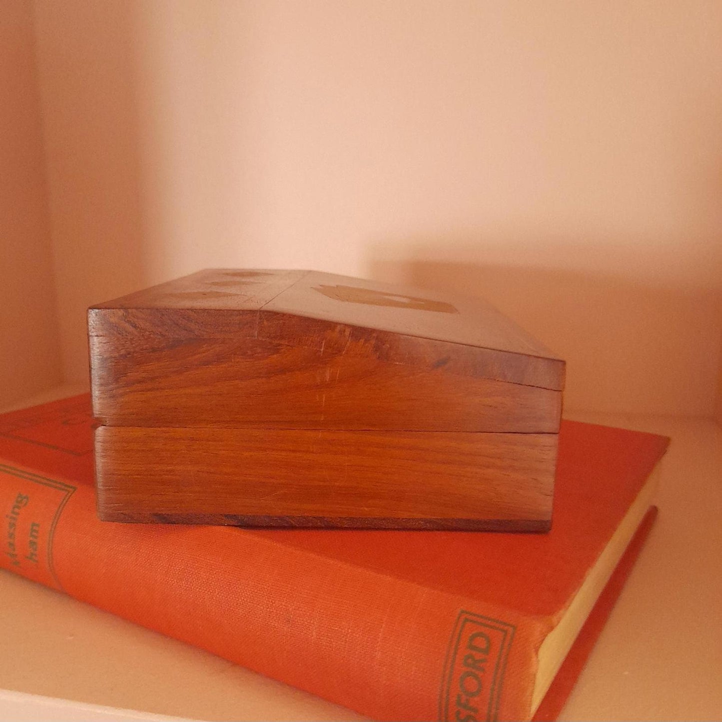 Wooden playing card and dice box with brass inlay