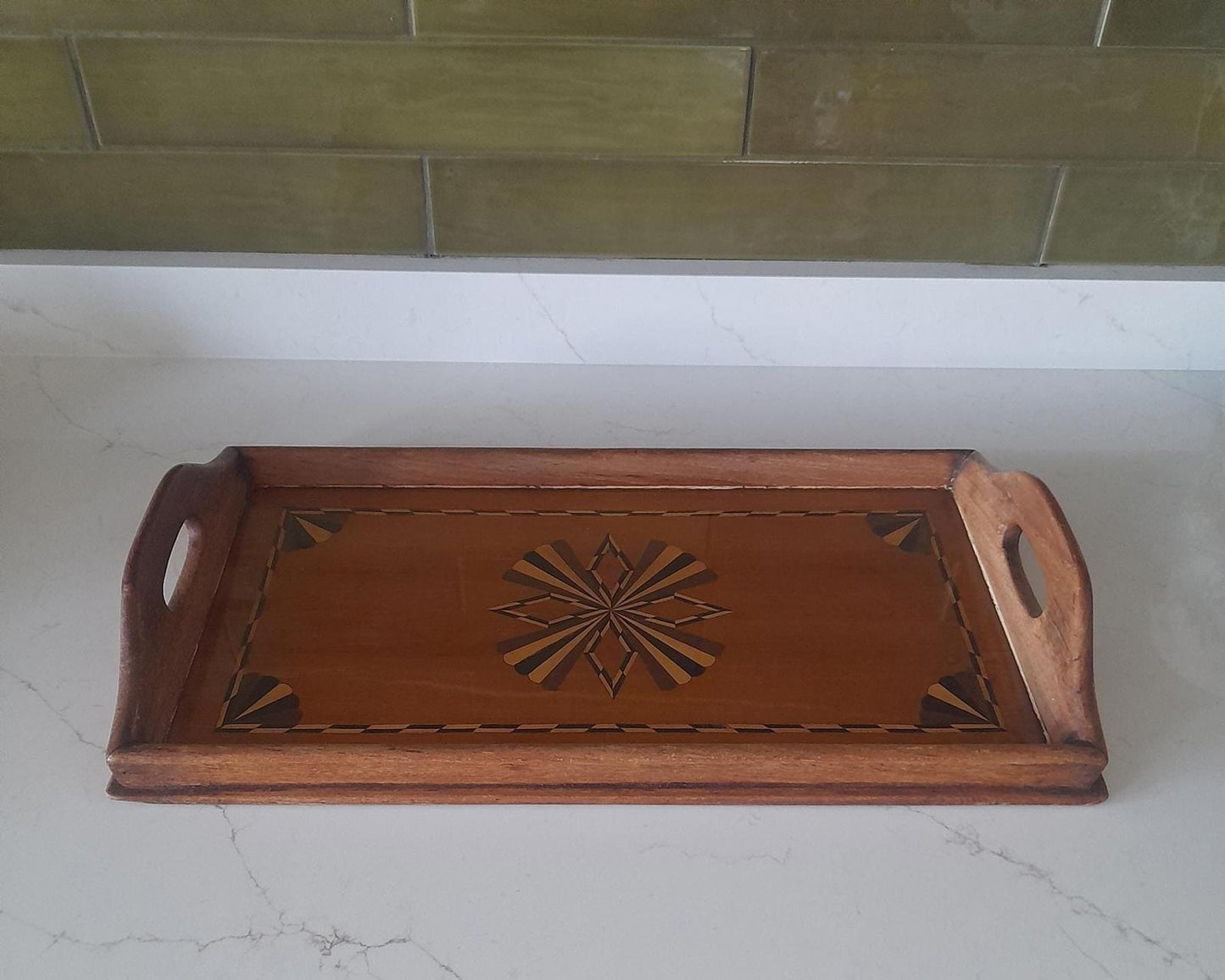 A vintage rectangular marquetry design serving tray