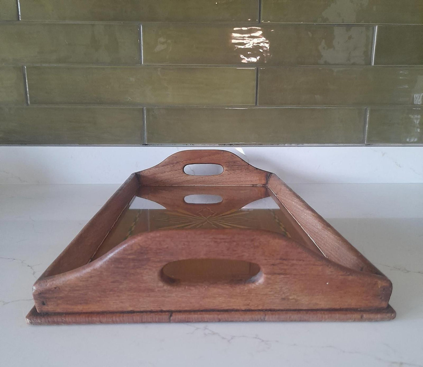 A vintage rectangular marquetry design serving tray