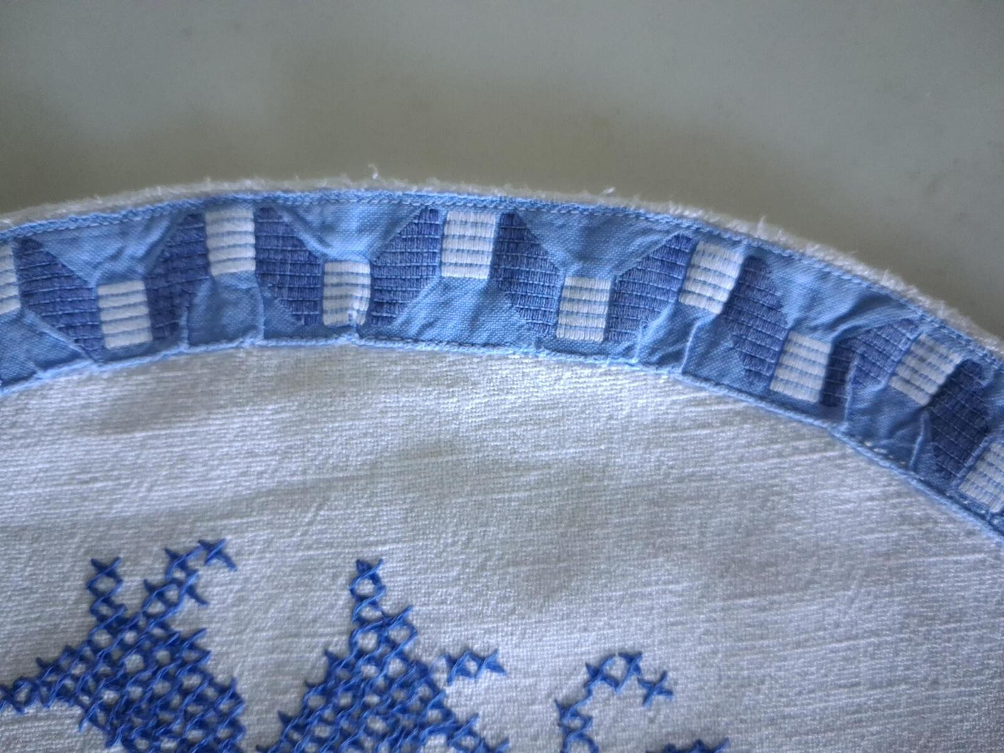 Oval blue and white cross stitch centrepiece cloth 65cm x 34.5cm