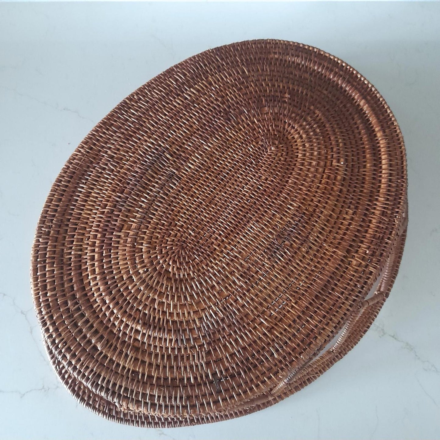 Hand woven wicker oval tray with handles