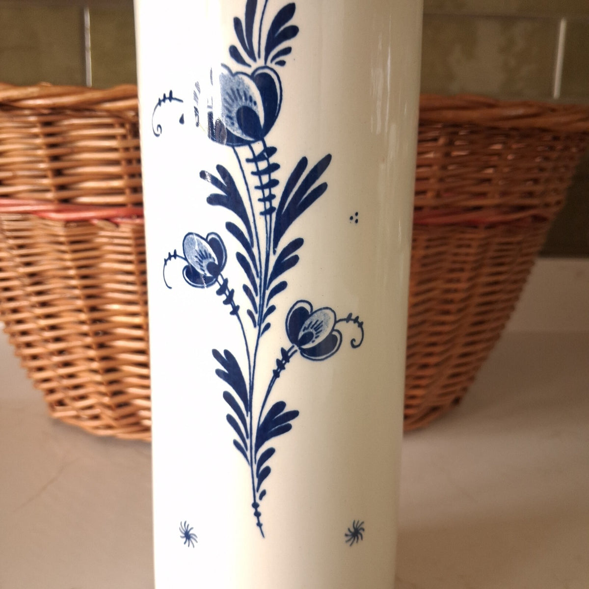 Vintage Lucas Bols Delft Blue Ceramic Decanter with Stopper, Hand Painted 11.5"