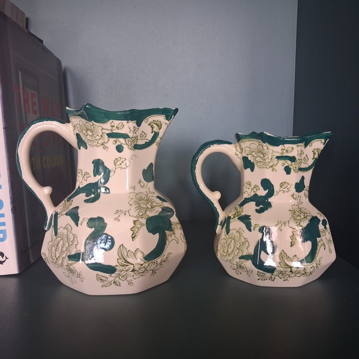 Pair of Vintage Mason's Ironstone Green Chartreuse Hydra Jugs Graduated Pitchers