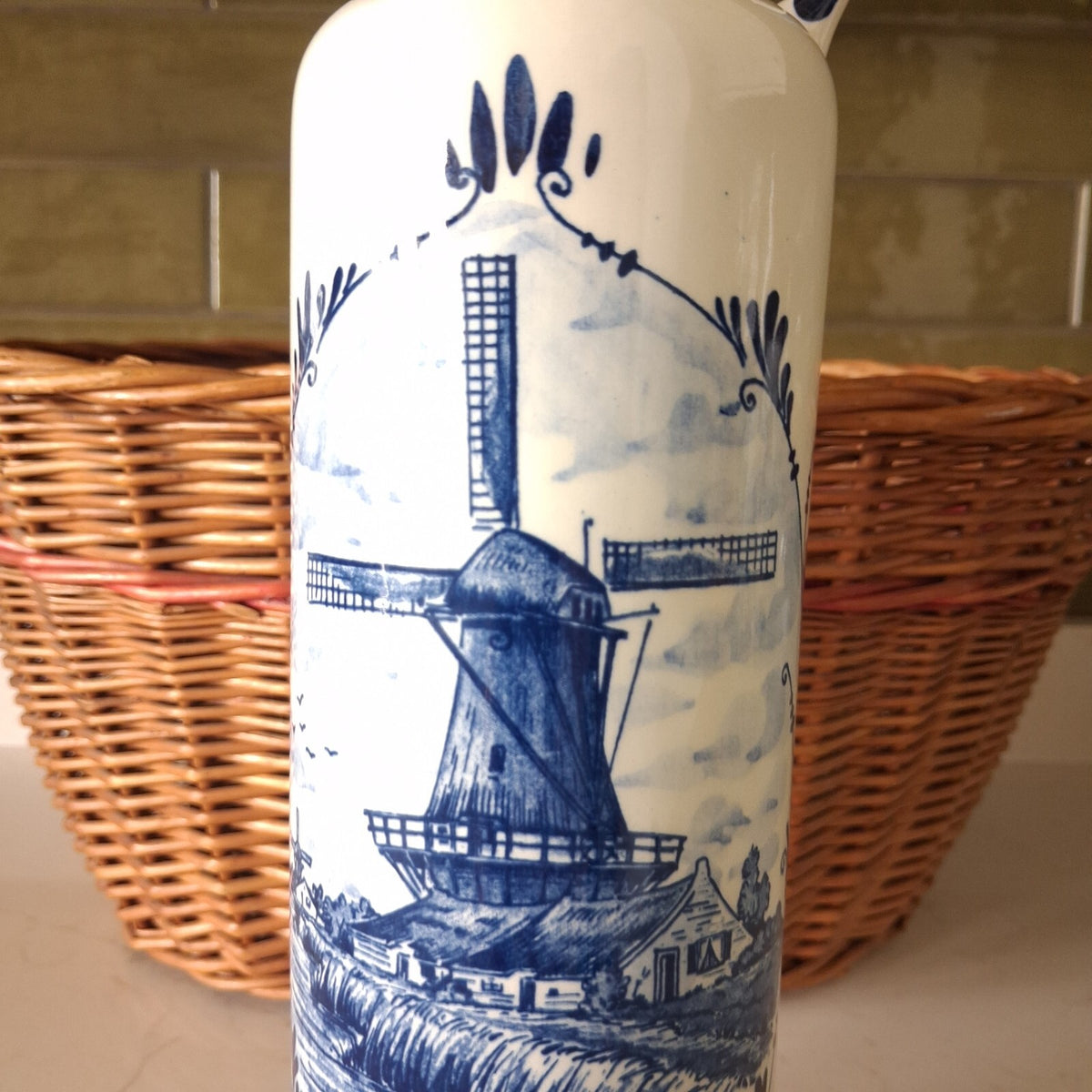 Vintage Lucas Bols Delft Blue Ceramic Decanter with Stopper, Hand Painted 11.5"