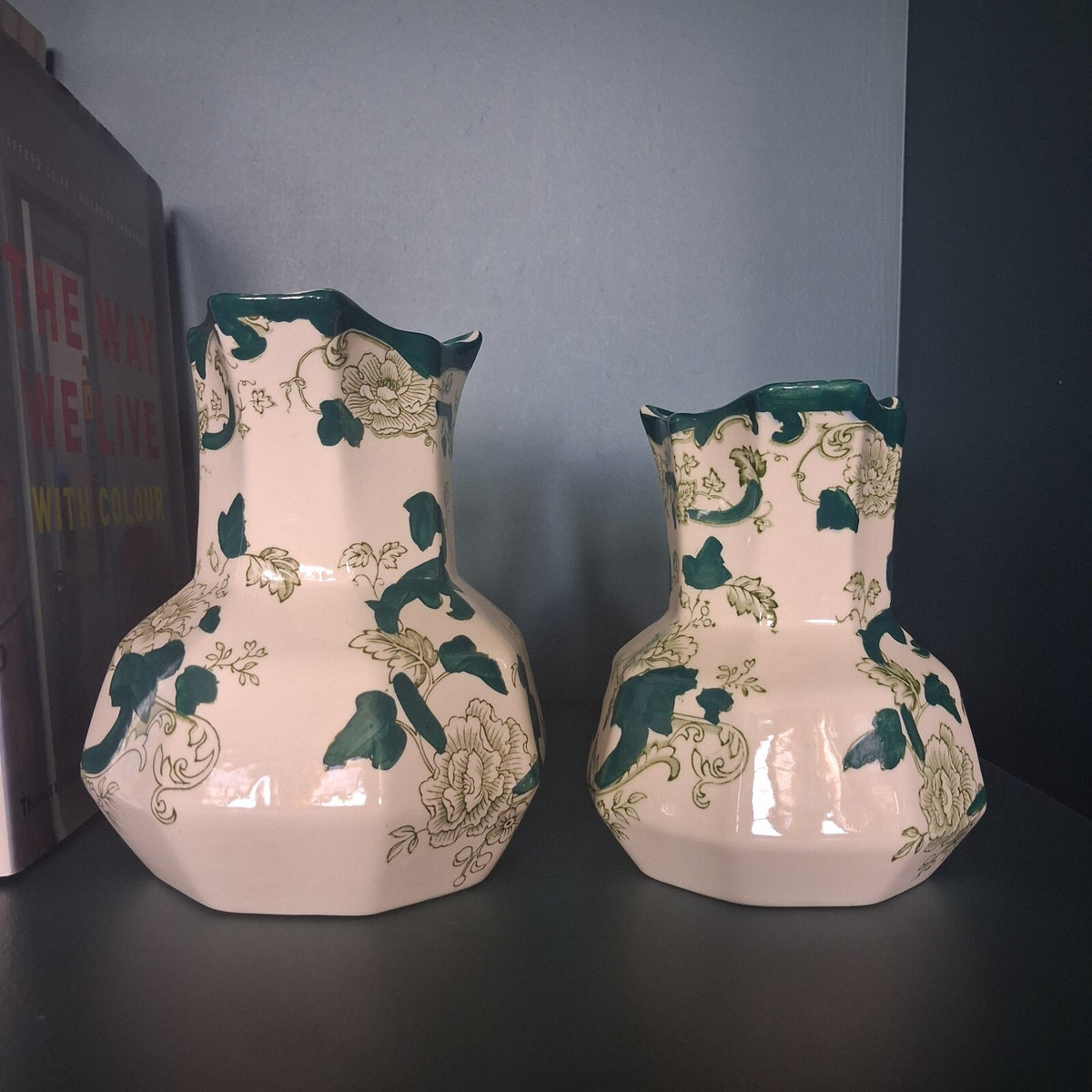Pair of Vintage Mason's Ironstone Green Chartreuse Hydra Jugs Graduated Pitchers
