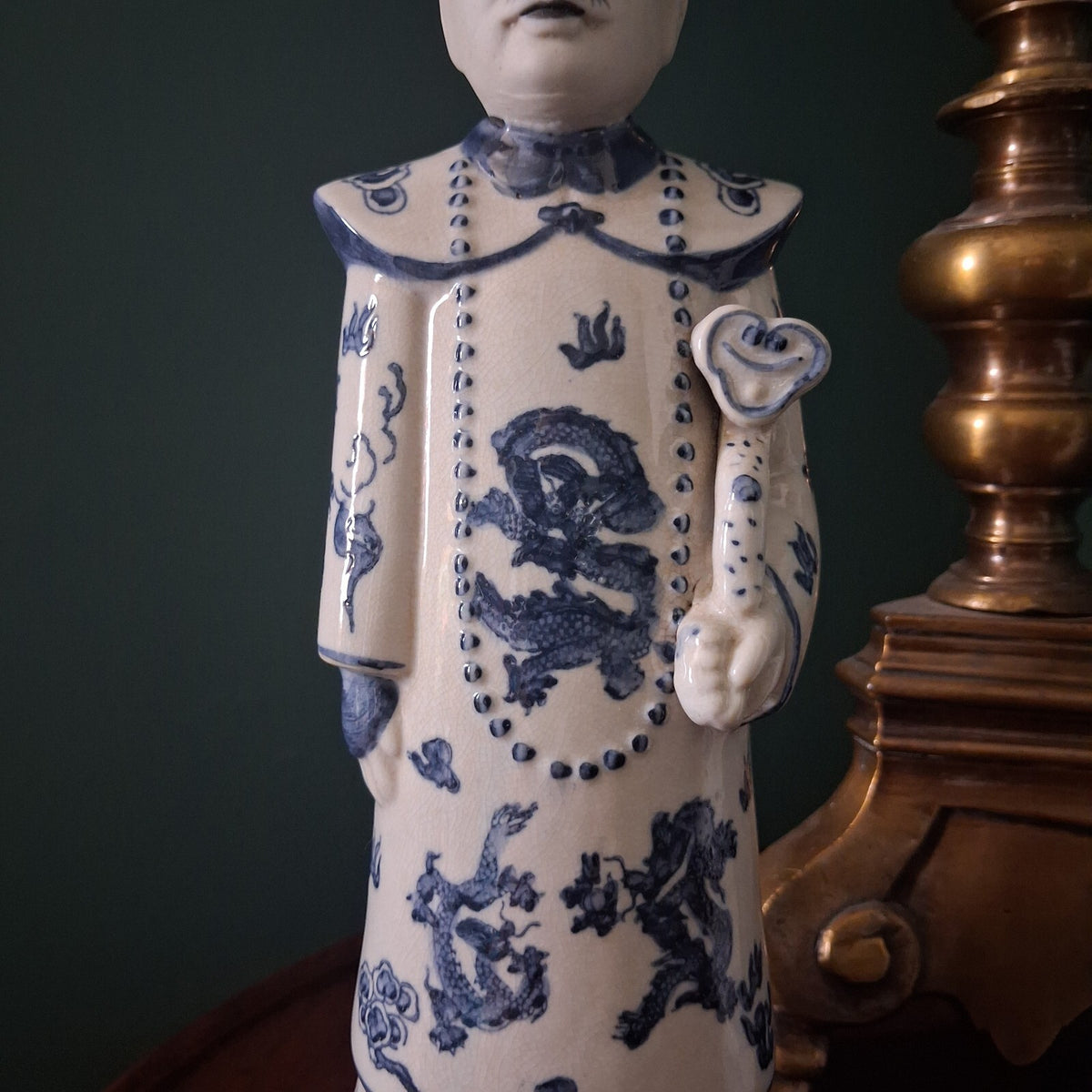 Vintage Blue and White Chinese Porcelain Emperor Figures - Pair of 13"