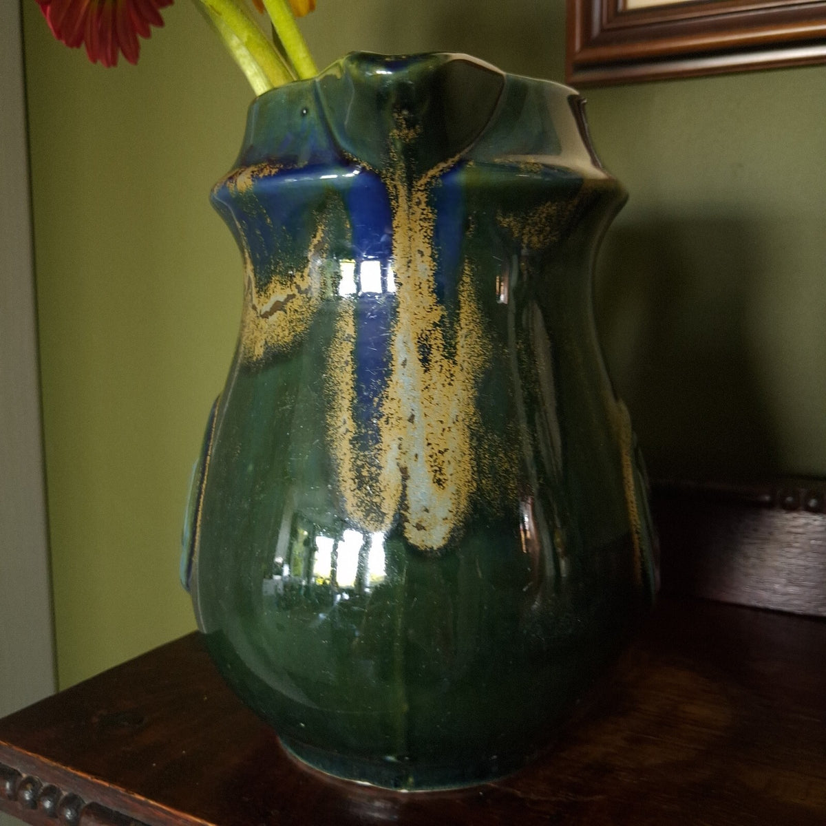 Porthmadog Studio Pottery Jug Vase – Green & Blue Drip Glaze – Celtic Medallion