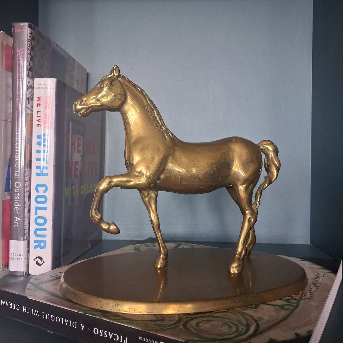 Vintage Large Brass Horse Statue on Oval Pedestal Base, 9" Tall Heavy Brass