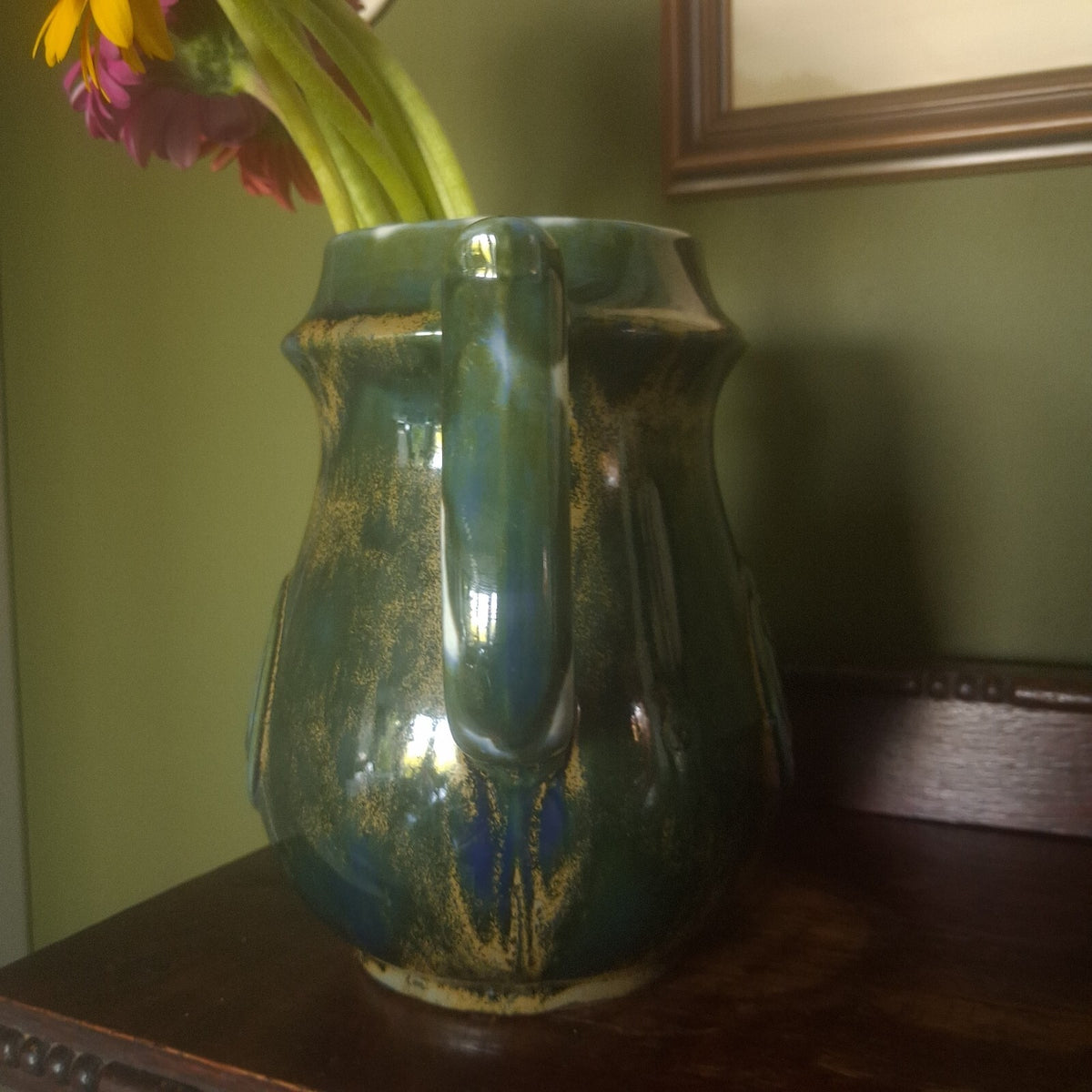 Porthmadog Studio Pottery Jug Vase – Green & Blue Drip Glaze – Celtic Medallion