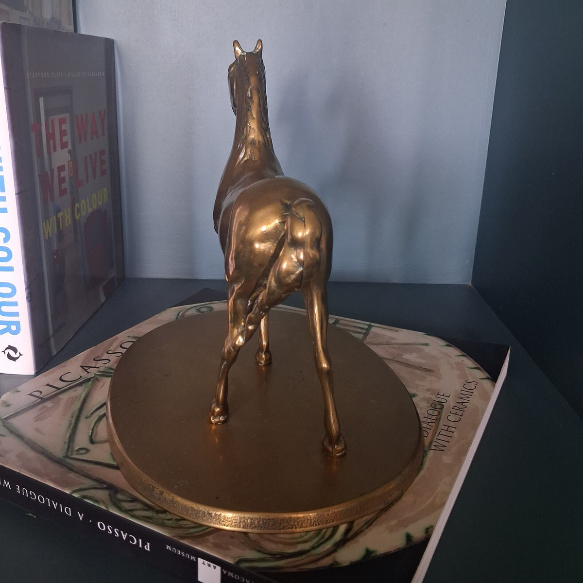 Vintage Large Brass Horse Statue on Oval Pedestal Base, 9" Tall Heavy Brass