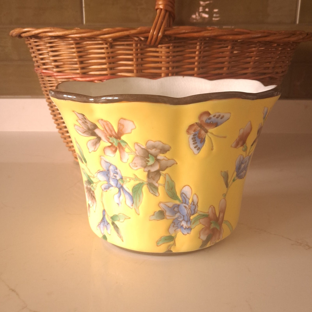Vintage Parlane Hand-Painted Ceramic Cachepot Planter with Scalloped Rim
