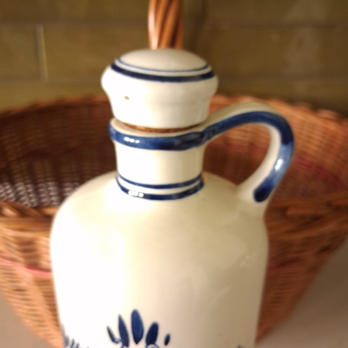 Vintage Lucas Bols Delft Blue Ceramic Decanter with Stopper, Hand Painted 11.5"