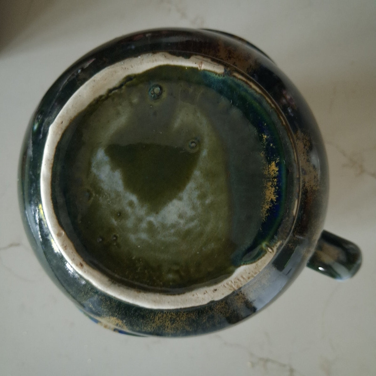 Porthmadog Studio Pottery Jug Vase – Green & Blue Drip Glaze – Celtic Medallion