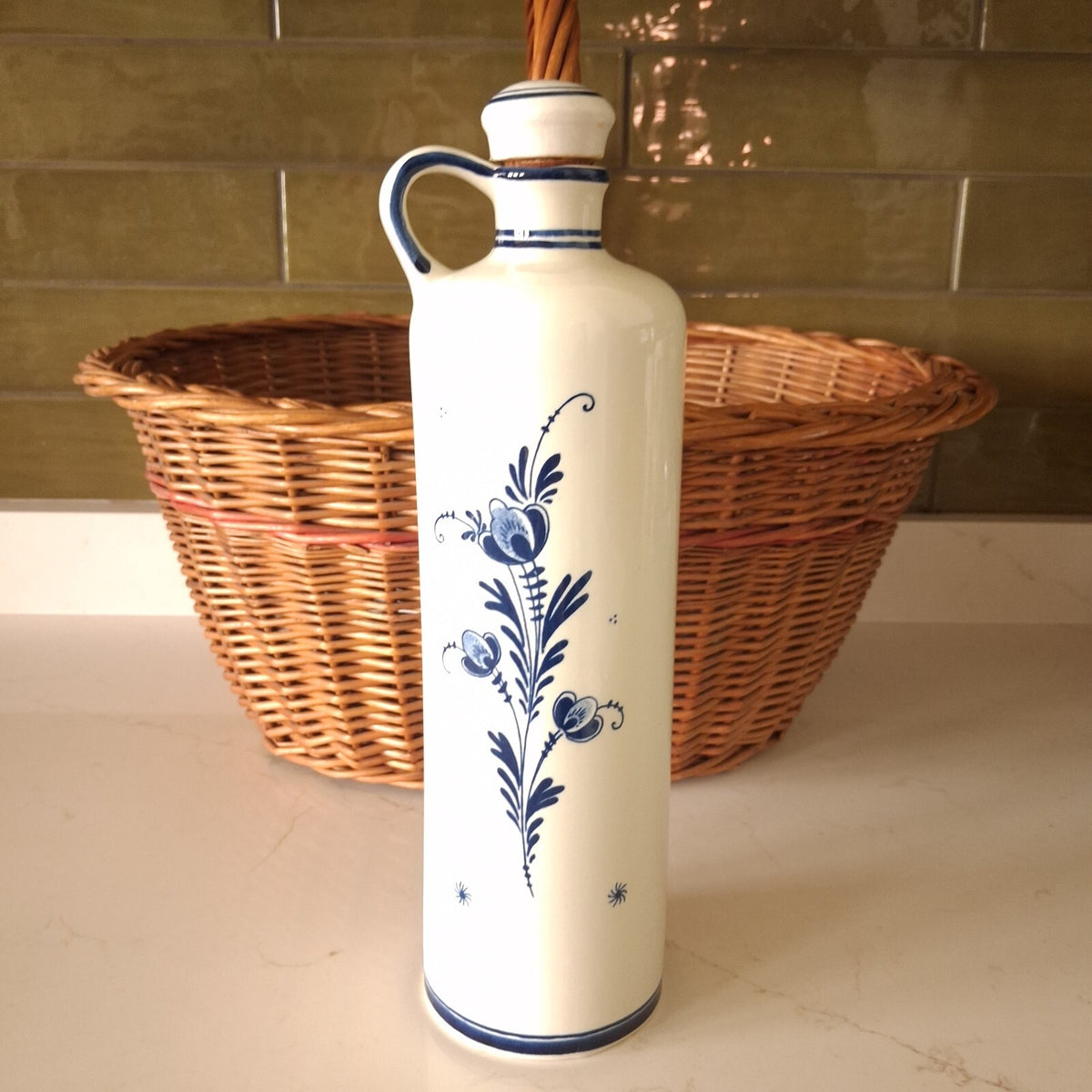 Vintage Lucas Bols Delft Blue Ceramic Decanter with Stopper, Hand Painted 11.5"