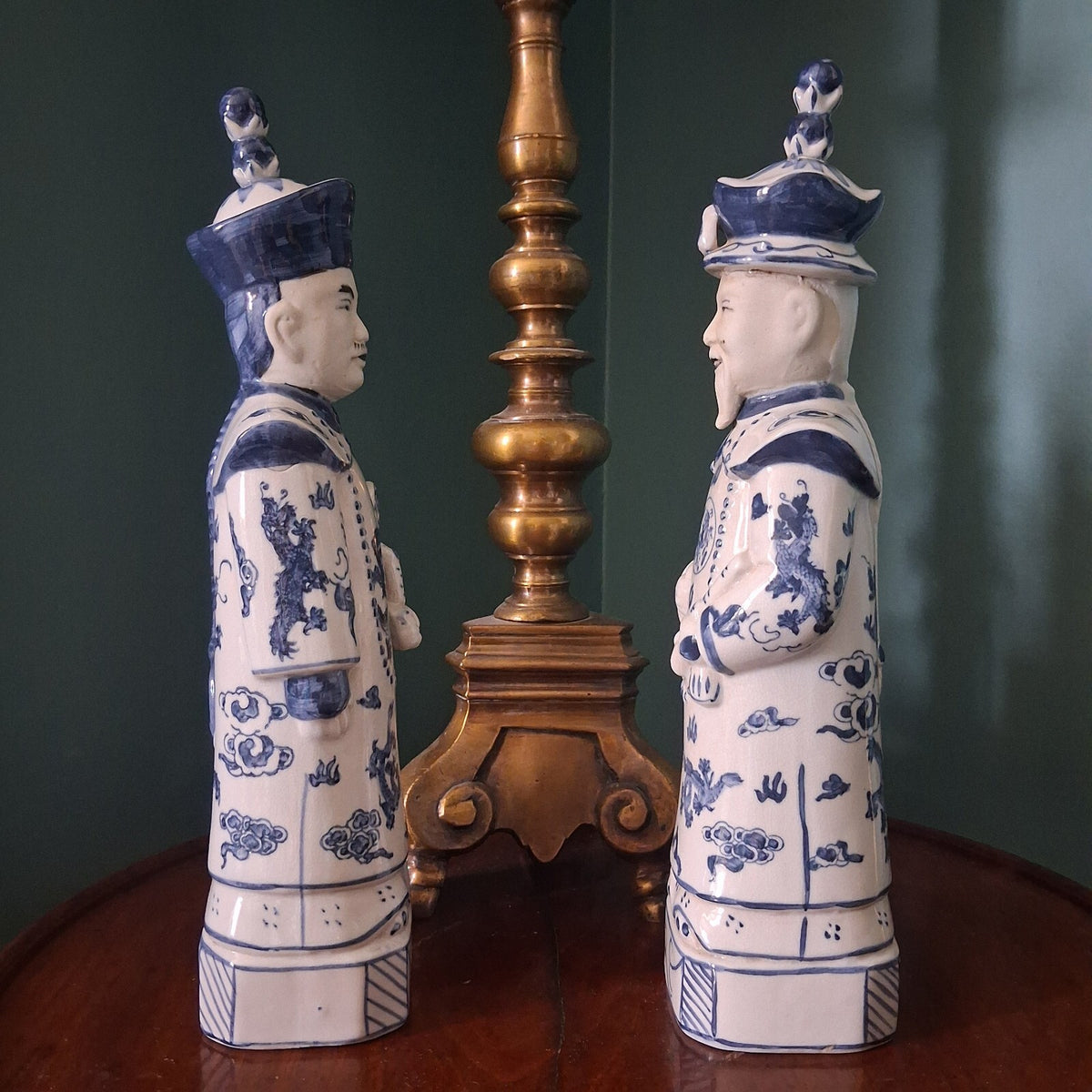 Vintage Blue and White Chinese Porcelain Emperor Figures - Pair of 13"