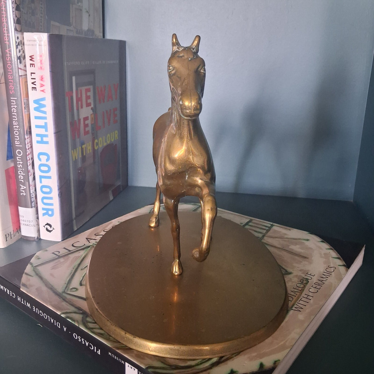 Vintage Large Brass Horse Statue on Oval Pedestal Base, 9" Tall Heavy Brass