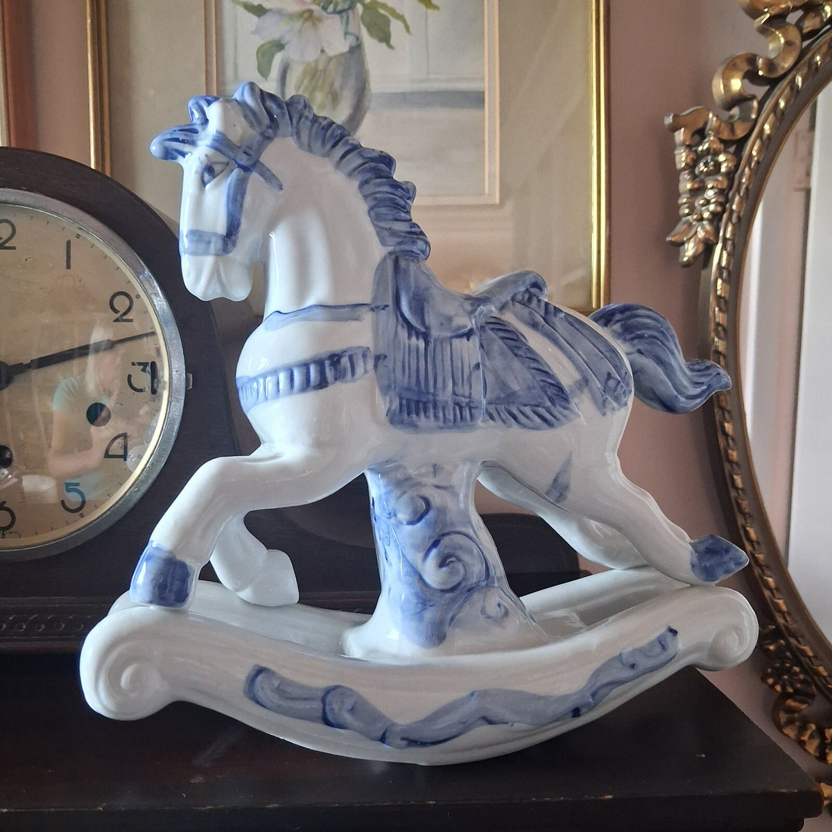 Large Vintage Blue and White Porcelain Rocking Horse Figurines 10" tall