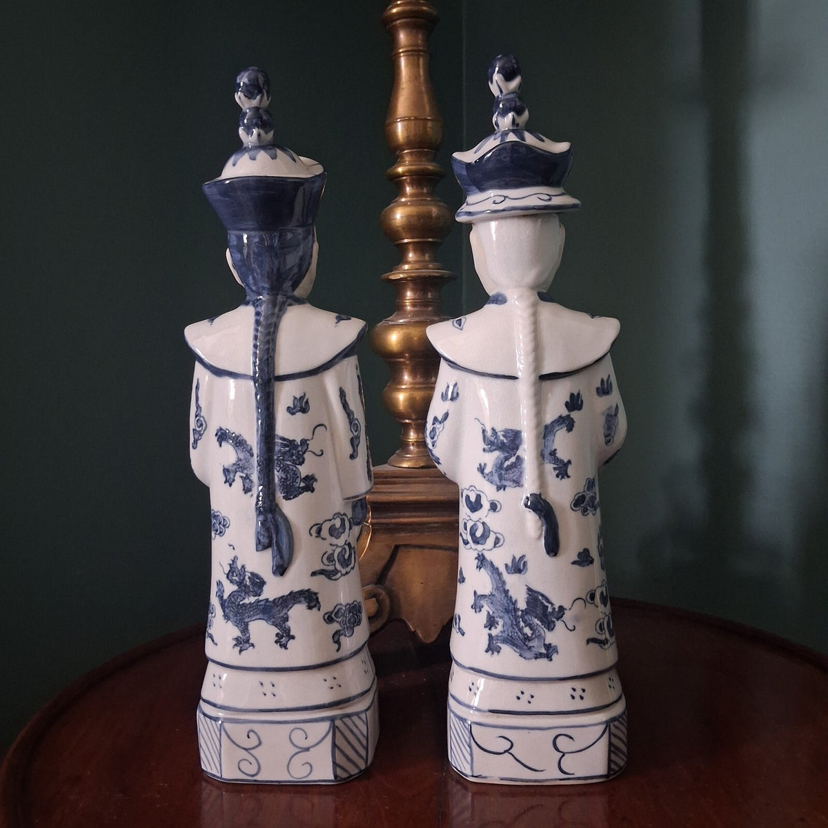 Vintage Blue and White Chinese Porcelain Emperor Figures - Pair of 13"